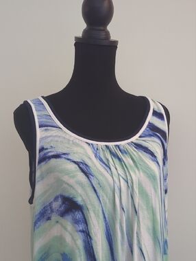 Secret Treasures Marble-Print Sleeveless Nightgown in Blue, Green & White